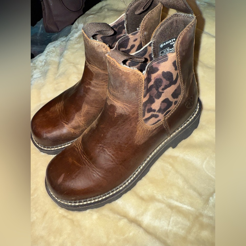 Ariat Brown Leather Ankle Boots with Leopard Print